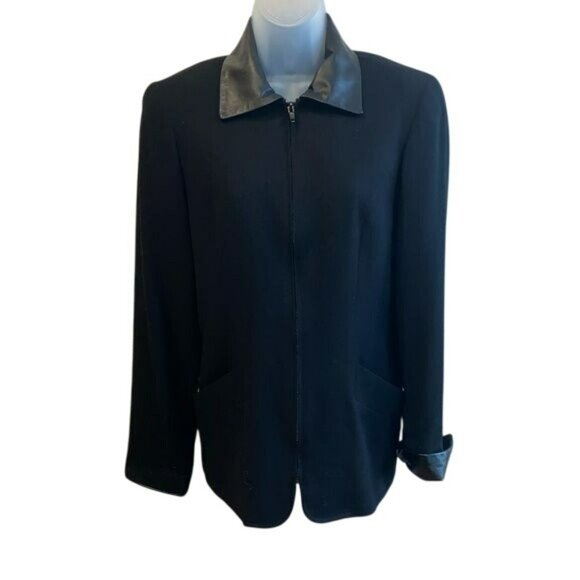 Womens Black Wool Blazer W/ Leather Collar & Cuffs Size M - Picture 2 of 7